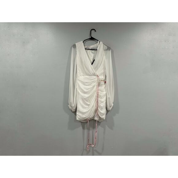 Mac Duggal 26655 White Long Blouson Sleeve Ruched Mini Dress Sz 4 - Picture 4 of 9